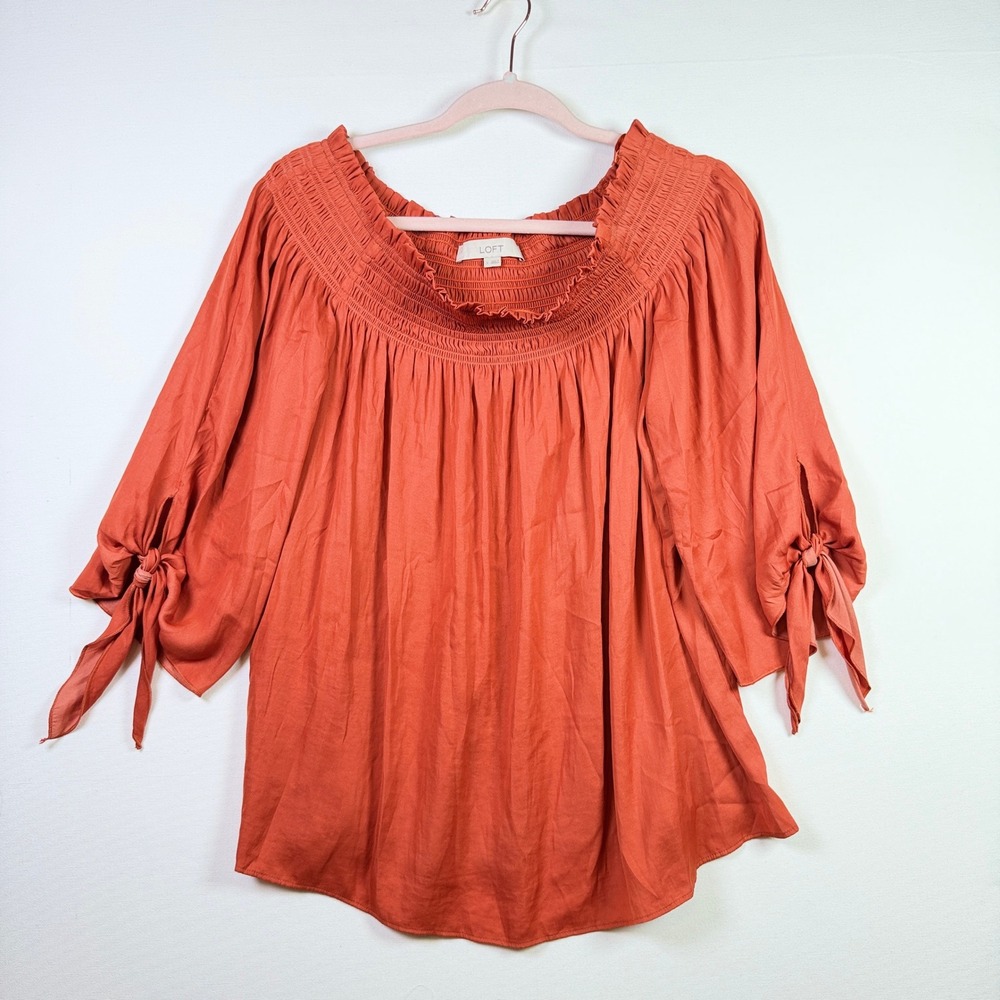 LOFT Burnt Orange‎ Smocked Off The Shoulder Tie Sleeve Blouse Large
